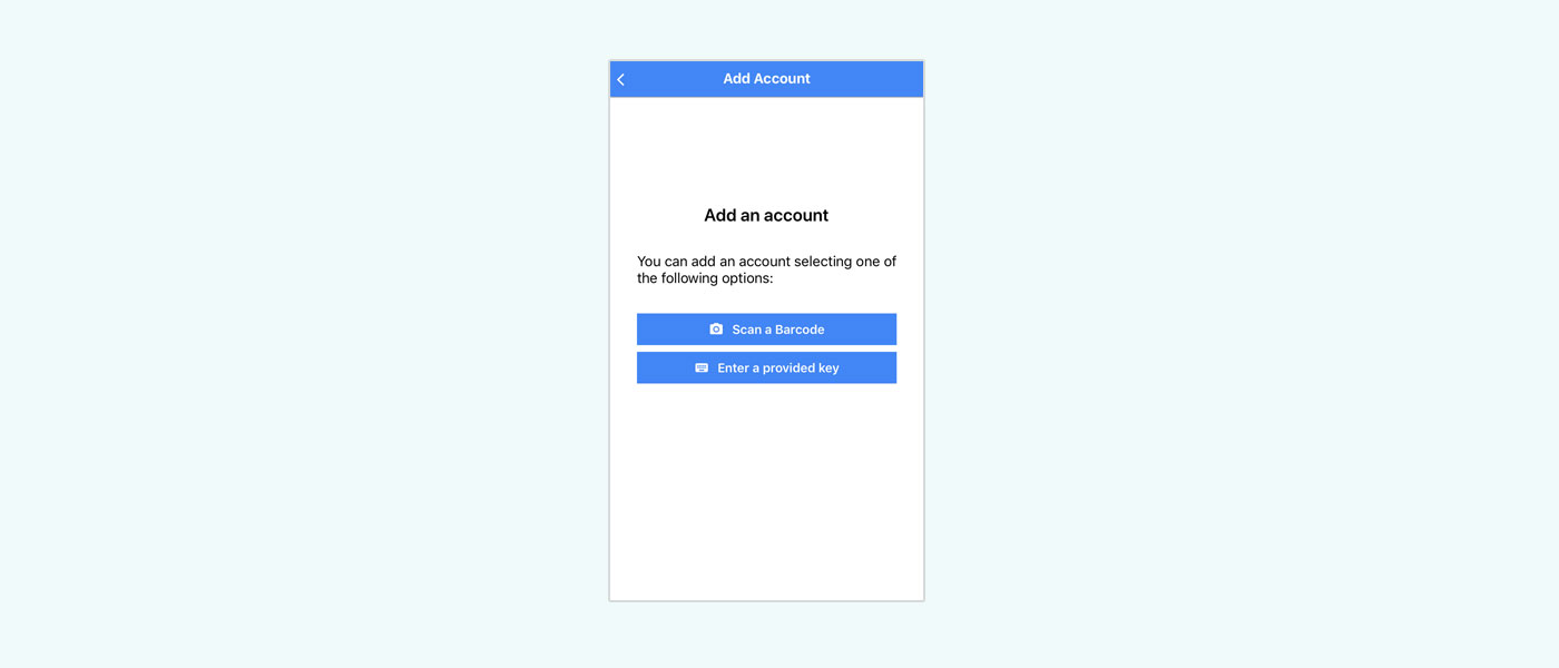 Pantalla de agregar cuenta en la aplicación iOS eScan Authenticator
