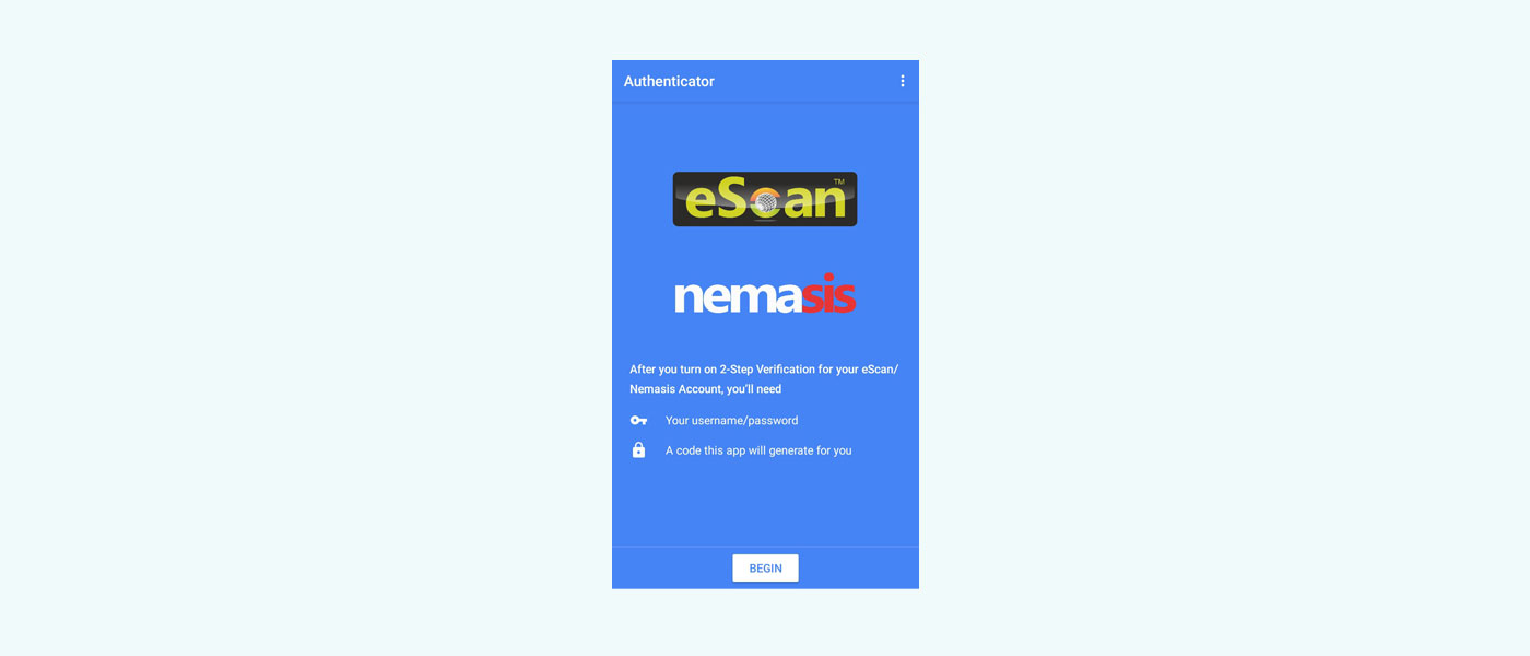 Pantalla de bienvenida de la aplicación Android eScan Authenticator