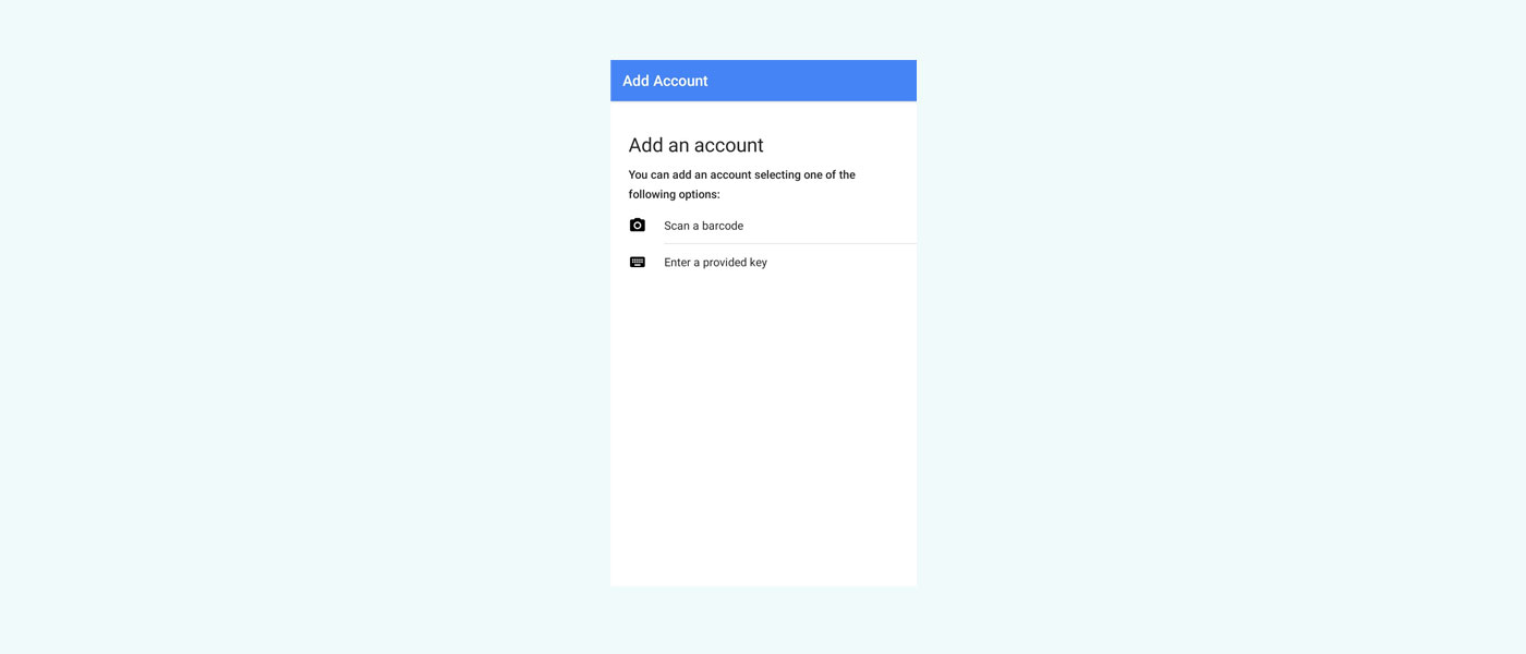 Pantalla de agregar cuenta en la aplicación Android eScan Authenticator