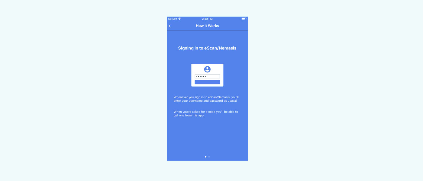 Pantalla de "Cómo funciona" de la aplicación Android eScan Authenticator - Pantalla 1